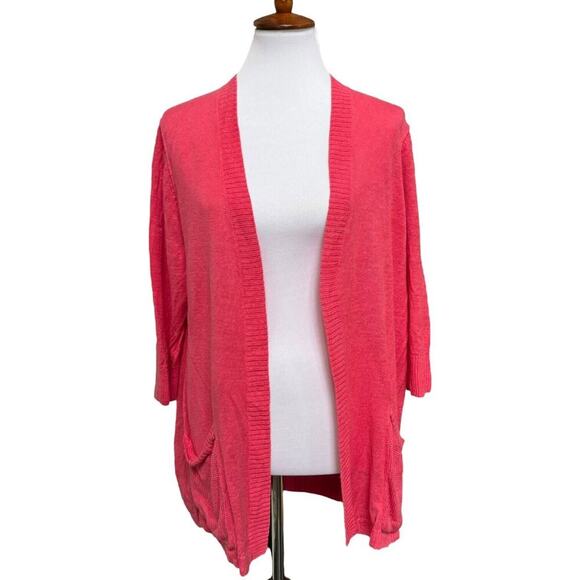 J. Jill Coral Pink Linen Cardigan Sweater Long Sleeve Open Front Pockets LARGE - Picture 2 of 9